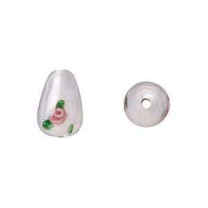 Bead, Czech lampworked glass, opaque white / green / pink, 12x8mm-13x9mm teardrop with flower design. Sold per pkg of 4.