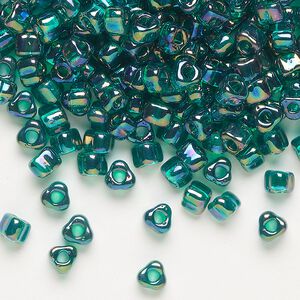 Seed bead, Miyuki, glass, transparent rainbow teal (TR1159), #5 triangle. Sold per 250-gram pkg.