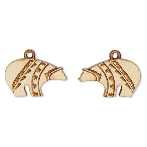 Drop, wood (natural), 23x14mm single-sided left- and right-facing Zuni-style bear. Sold per pkg of 2.