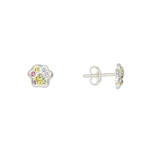 Earstud sterling silver / Preciosa crystal 1pkg2, 7.5x6.5mm paw / earnuts included, Create Compliments&reg; multicolored 1 pair