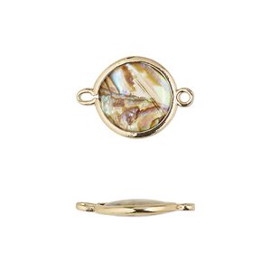 Link, paua shell and gold-finished brass (assembled), 12.5-13.5mm double-sided round. Sold per pkg of 4.