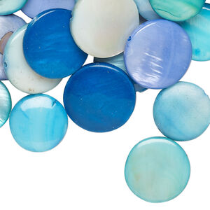 Mother-of-pearl shell 1pkg4oz, puffed flat round bead mix multi-blue 13-16mm