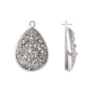 Druzy agate / sterling silver 1pkg1, electrocoated hand-cut flat teardrop drop 21x16mm-22x17mm