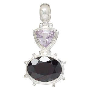Pendant, lavender amethyst (natural) / garnet (natural) / sterling silver, 38x27mm oval and triangle. Sold individually.