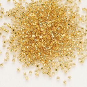 Seed bead, Delica&reg;, glass, pkg/50g, #11 round, transparent 24Kt gold-lined crystal gold (DB-0033).
