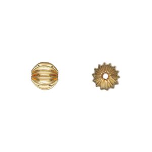 Bead 1pkg12 gold-plated, 7.5mm corrugated round, brass