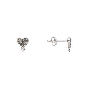 Marcasite / sterling silver 1pkg2, heart earstud / closed loop natural 5mm