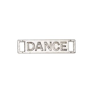 Link, antique silver-finished "pewter" (zinc-based alloy), 27.5x6.5mm single-sided curved flat rectangle with "DANCE." Sold per pkg of 2.