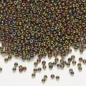 Seed bead, Preciosa Ornela Czech glass, pkg/50g, #11 rocaille, opaque golden bronze gold iris black, (59148).