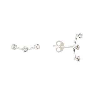 Earstud sterling silver / Preciosa crystal 1pkg2, 13x4mm right- and left-facing curved bar / earnuts included, Create Compliments&reg; crystal clear 1 pair