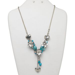 Magnesite / glass / steel 1pkg1, silver-finished necklace 22 inch / brass lobster claw clasp / 2.5 inch dangle