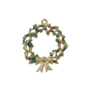 Charm, enamel and gold-finished "pewter" (zinc-based alloy), red and green, 23.5x22mm single-sided wreath with bow. Sold individually.