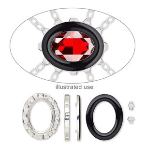 Mount 1pkg1, Miracle Mount&trade;, enamel and silver-finished "pewter" (zinc-based alloy), black, 39x32mm oval with 30x22mm oval setting. 18-piece set.