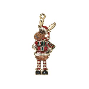 Charm, enamel and gold-finished "pewter" (zinc-based alloy), multicolored, 28.5x11.5mm single-sided Christmas moose. Sold individually.