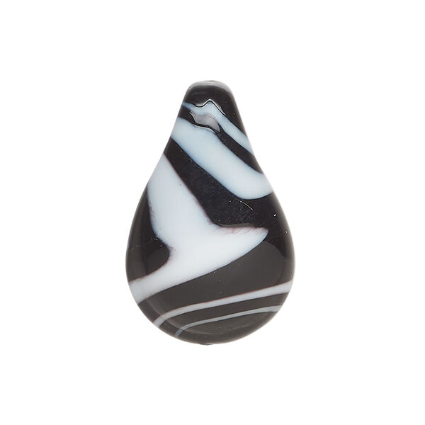Drop, lampworked glass 1pkg1, opaque black and white, 27x21mm-28x18mm teardrop with swirl design. image number 0