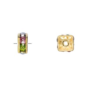 Bead 1pkg10 gold-finished, 8x4mm squaredelle, brass / light multicolored rhinestone