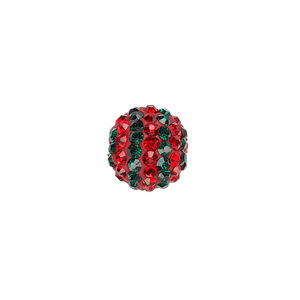 Bead, Egyptian glass rhinestone / epoxy / resin, red and dark green, 12mm round with pav&eacute; striped design. Sold individually.
