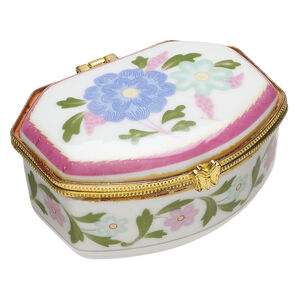 Trinket box 1pkg1, porcelain / gold-finished "pewter" (zinc alloy) / acrylic, white and multicolored, 3 x 2 x 1-1/2 inch hinged with flower and flower design decals.