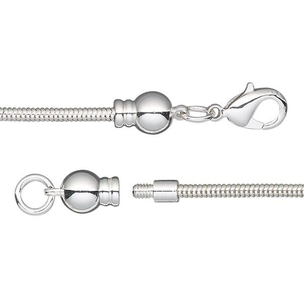 Chain 1pkg1 silver-plated snake, 2mm / lobster claw clasp / fits 3.5-6mm hole, Dione&reg; brass 18 inch image number 0