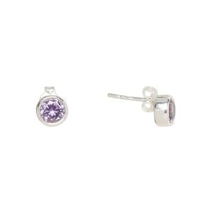 Earstud, Create Compliments&reg;, cubic zirconia and sterling silver, amethyst purple, 6.5mm round. Sold per pair.