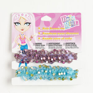 Hair scrunchy 1pkg2, elastic / nylon / acrylic / glass, purple / blue / green, 26mm width with mixed shapes, 7 inches.