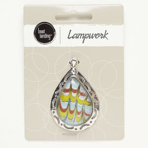 Pendant, antique silver-finished "pewter" (zinc-based alloy) and glass, green and light blue, 45x34mm cutout teardrop with silver-colored foil and copper-colored foil. Sold individually.