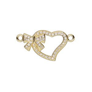 Link, cubic zirconia and gold-finished brass, clear, 18x13mm single-sided open heart with bow. Sold individually.