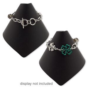 Bracelet, glass rhinestone / glass / enamel / imitation rhodium-finished steel / "pewter" (zinc-based alloy), grey / green / clear, 19mm wide with 4-leaf clover, 6 inches with toggle clasp. Sold individually.