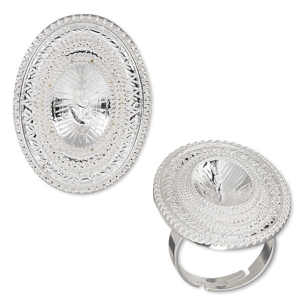 Ring, Almost Instant Jewelry&reg;, silver-plated "pewter" (zinc-based alloy), 31mm wide with beaded design and 14x10mm oval setting, adjustable from size 6 to 7-1/2. Sold individually. image number 0