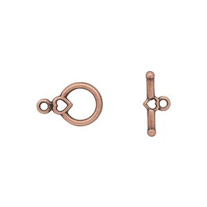 Clasp toggle 1pkg10 copper-plated "pewter" (zinc alloy), 10x9mm heart, antique 1-strand