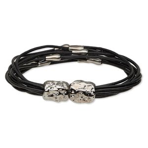 Bracelet, 10-strand, leather (dyed) and gunmetal-finished "pewter" (zinc-based alloy), black, 12mm wide with 9x5mm teardrop, 7 inches with magnetic clasp. Sold individually.