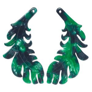 Focal 1pkg4 resin, green and dark green, 46x25mm single-sided left and right-facing carved feather.
