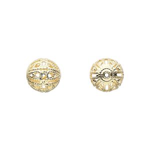 Bead 1pkg10 gold-plated, 10mm filigree round, brass
