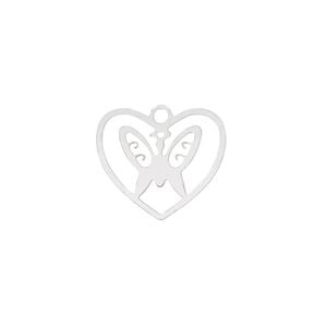 Charm, Lazer Lace&trade;, stainless steel, 18x16mm double-sided heart with cutout butterfly. Sold per pkg of 4.