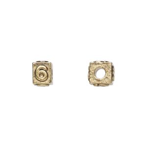 Bead 1pkg4 gold-plated pewter, 8x6mm rectangle / number 6, antique Dione&reg;