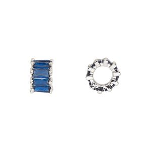 Bead 1pkg2 silver-plated, 10.5x6mm rondelle, brass / sapphire cubic zirconia