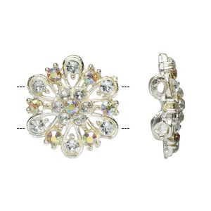 Spacer, glass rhinestone and silver plate pewter (tin-based alloy), clear and clear AB, 17mm 2-strand round flower. Sold per pkg of 2.