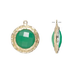 Drop, chalcedony (dyed) and gold-finished sterling silver, sea green, 17mm double-sided faceted round with hammered edge. Sold individually.