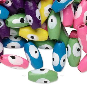 Bead mix, wood, mixed colors, 15x7mm oval with painted wards off the evil eye design. Sold per 400-gram pkg, approximately 2,100 beads.