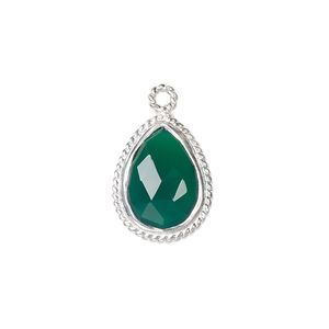 Drop, green onyx (dyed) and sterling silver, 18x14mm-20x15mm hand-cut double-sided faceted teardrop with twisted wire design. Sold individually.