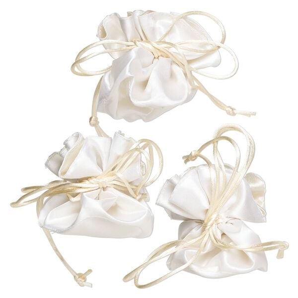 Pouch, rayon, pkg/3, cream, 3-1/2x3-inch round with drawstring. image number 0
