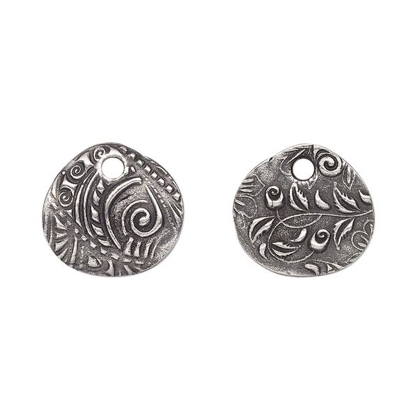Drop, TierraCast&reg;, "Vida Mas Dulce" collection, antiqued pewter (tin-based alloy), 15x14mm two-sided oval with jardin design. Sold per pkg of 2. image number 0