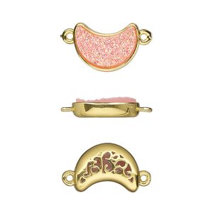 Link, Druzylite&trade;, "druzy" (resin) and gold-finished brass, pink, 14x10mm two-sided moon with open filigree back. Sold per pkg of 4.