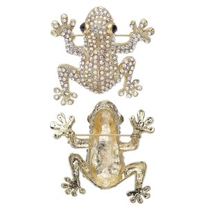 Brooch, glass rhinestone and gold-finished "pewter" (zinc-based alloy), clear AB / clear / black, 45x43mm frog. Sold individually.