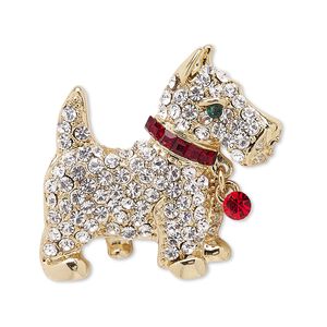 Spot pin, Czech glass rhinestone with gold-finished brass and "pewter" (zinc-based alloy), multicolored, 32x29mm dog. Sold individually.