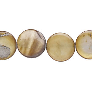 Mother-of-pearl shell 1pkg1, puffed flat round bead 15 inch dark gold 14-15mm