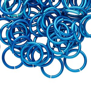 Jump ring 1pkg100 aluminum, 12mm round, 15 gauge / 9.2mm inside diameter / light blue