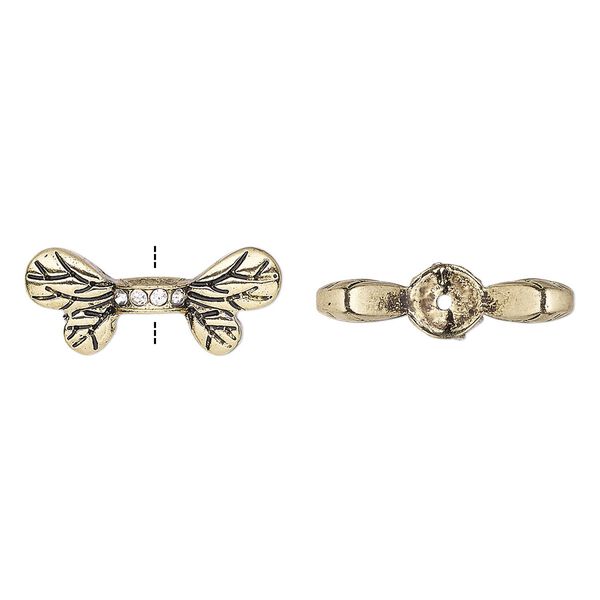 Bead 1pkg2 gold-finished "pewter", 22x9.5mm bee wing / fits up to 8mm bead, clear rhinestone / antique image number 0