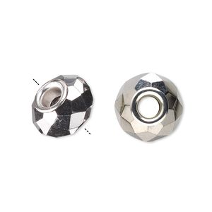 Bead 1pkg6 silver-plated, 14x9mm faceted rondelle, brass / glass / metallic dark silver Dione&reg;