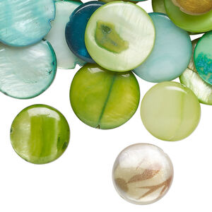 Mother-of-pearl shell 1pkg4oz, puffed flat round bead mix multi-green 13-16mm